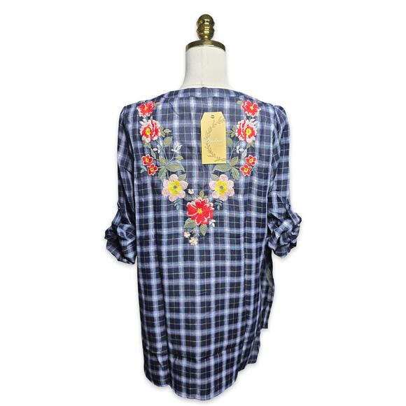 Andrée by Unit Womens Plaid Floral Embroidered Tunic Blouse Blue Sm 3/4 Sleeve - Picture 2 of 11